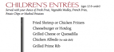 King and Prince menu, King and Prince children's menu