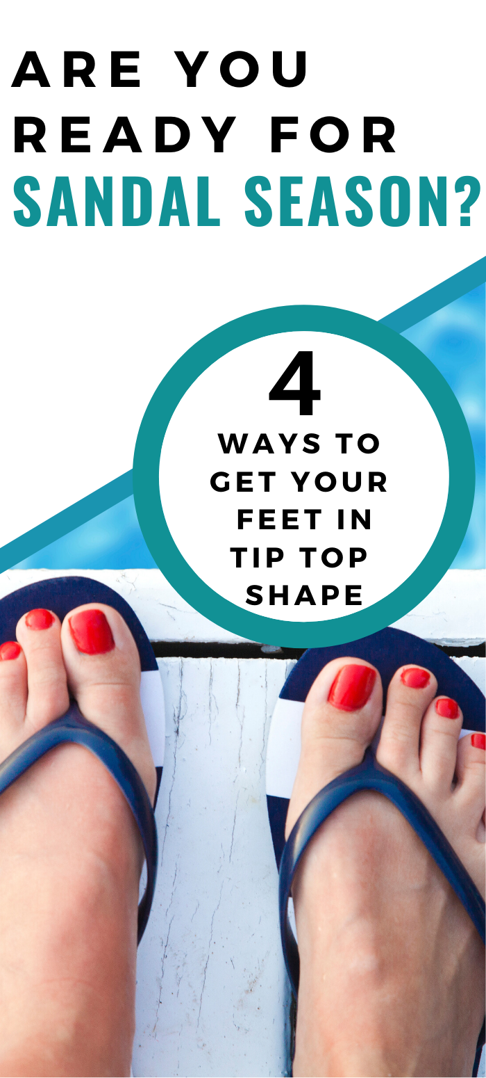 Woman's feet in blue sandals: Are you ready for sandal season? 4 Ways to get your feet in tip top shape