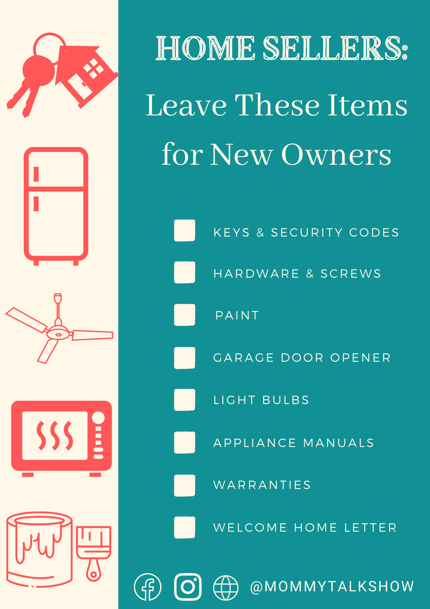 Graphic list of items sellers can leave for new homeowners including keys, appliance manuals, and old paint 