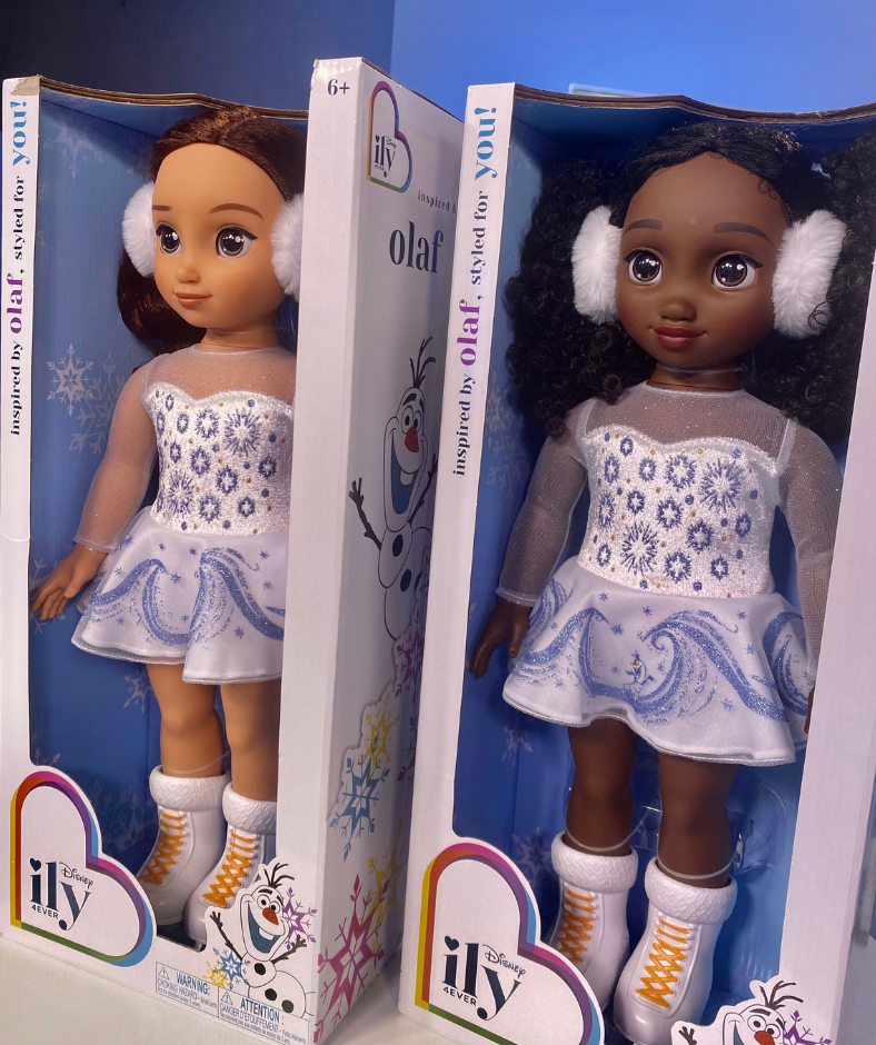 Disney ILY 4ever Dolls - Inspired by Olaf One of fair skinned and the other has brown skin. Both have on white dresses with ice skates.